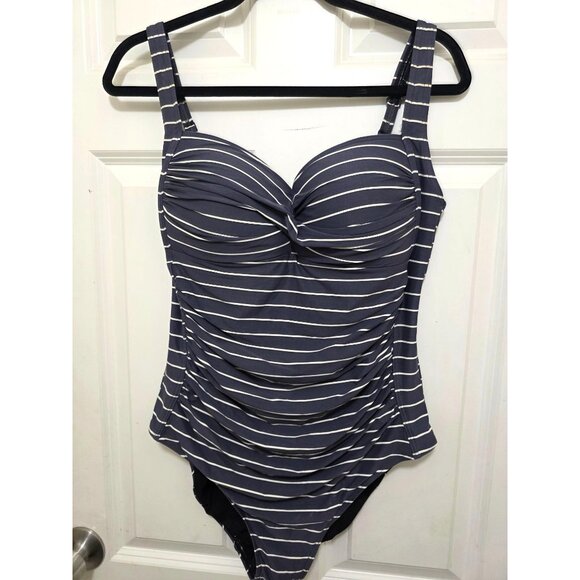 BOND EYE Australia Navy & White Striped One-Piece Swimsuit Ruched Front & Built- - Picture 2 of 10